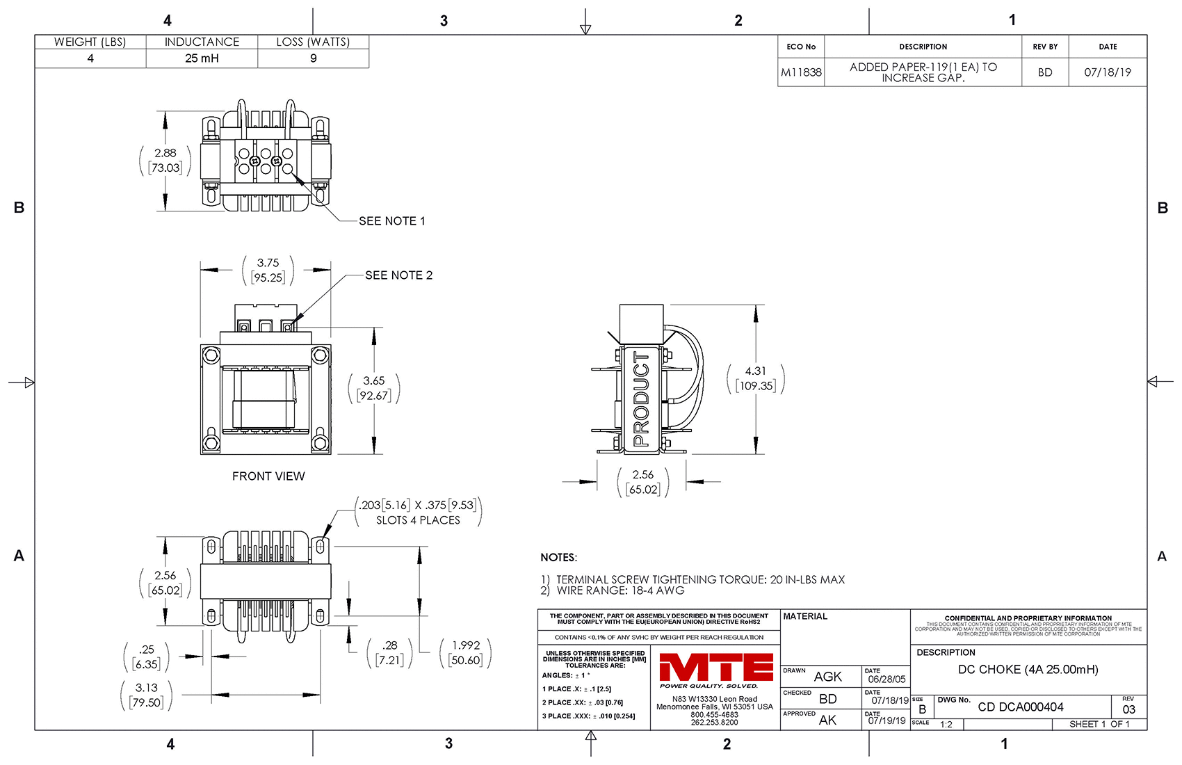 Drawings of MTE DC Link Choke DCA000404