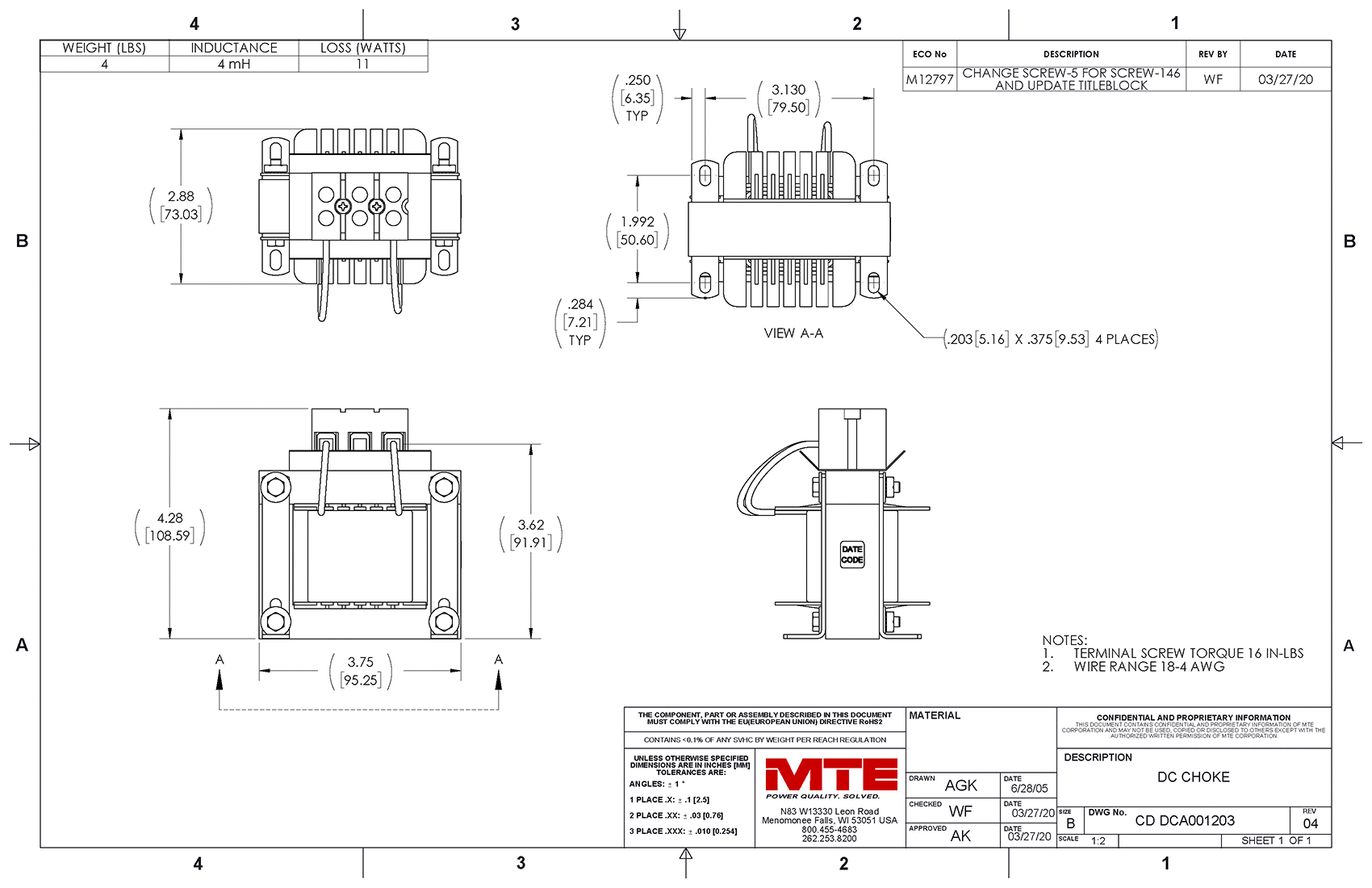 Drawings of MTE DC Link Choke DCA001203