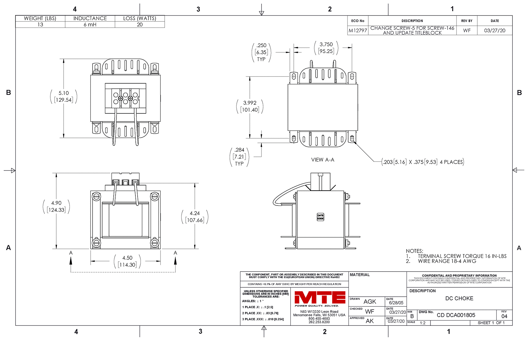 Drawings of MTE DC Link Choke DCA001805