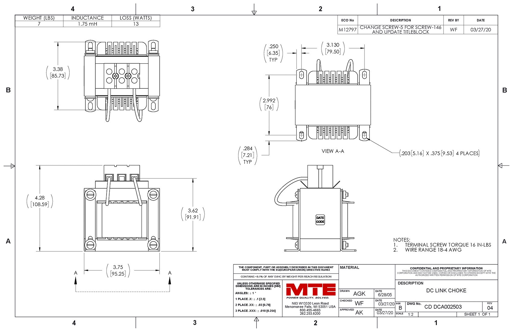 Drawings of MTE DC Link Choke DCA002503