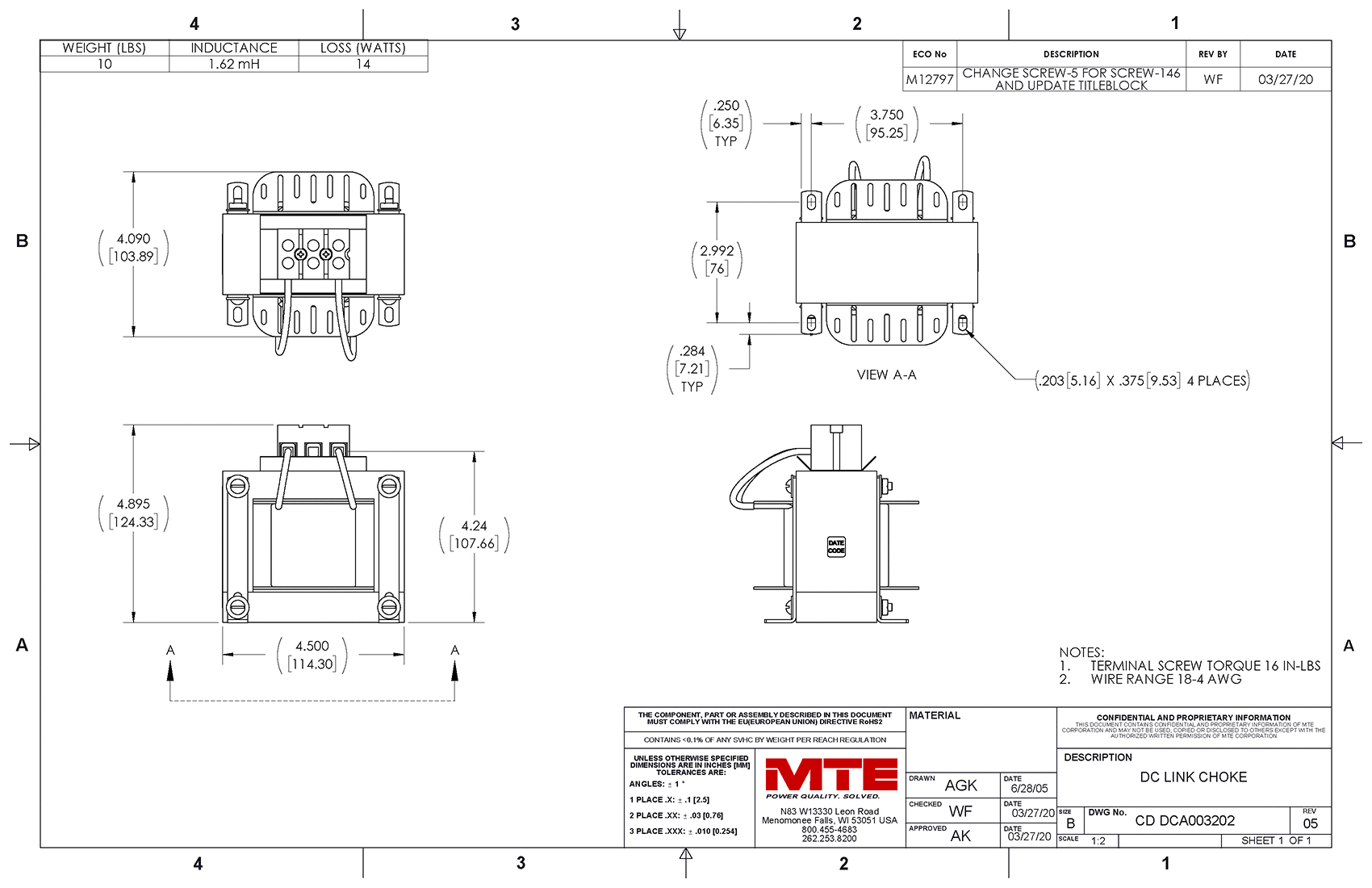 Drawings of MTE DC Link Choke DCA003202