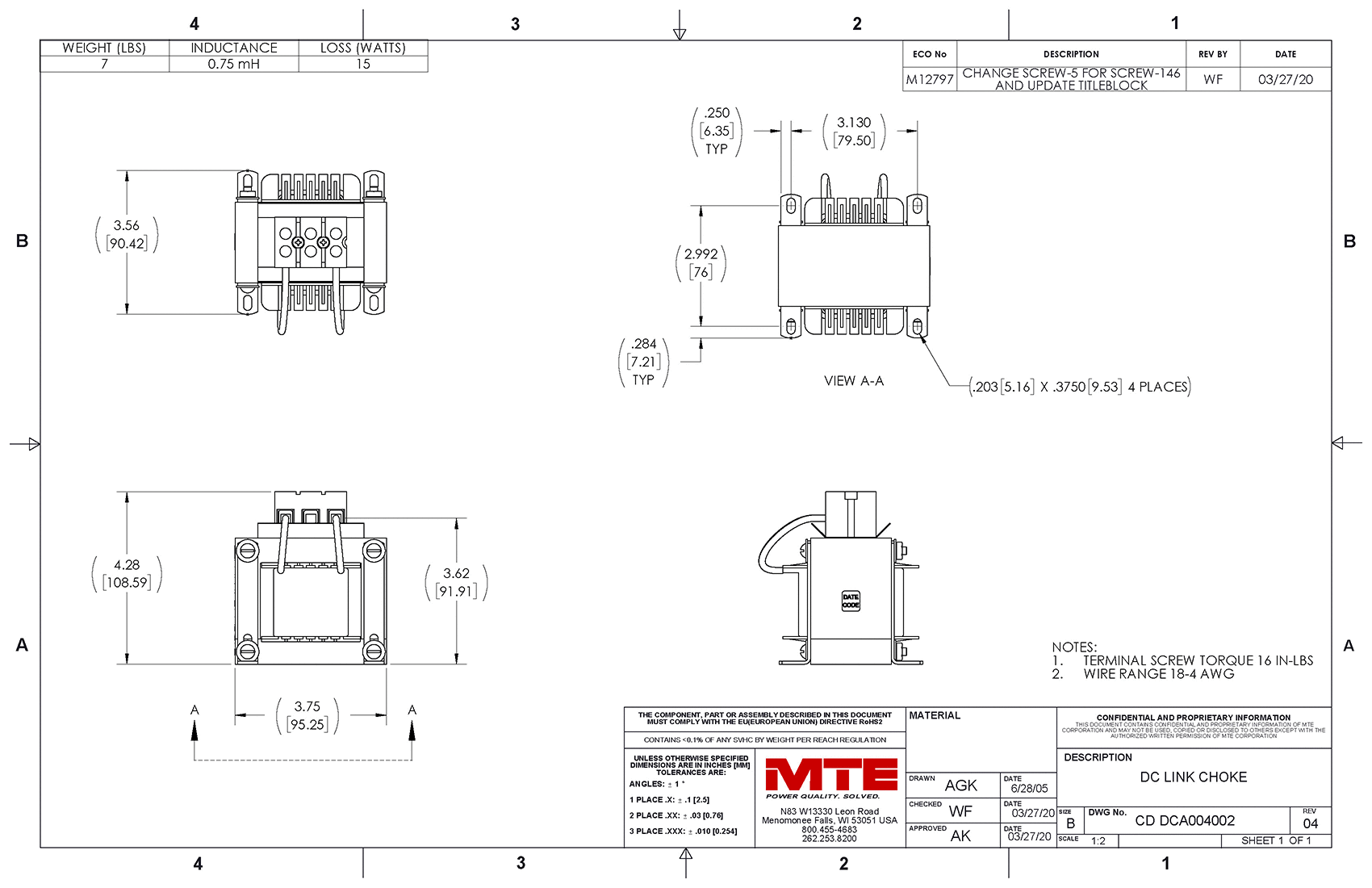 Drawings of MTE DC Link Choke DCA004002