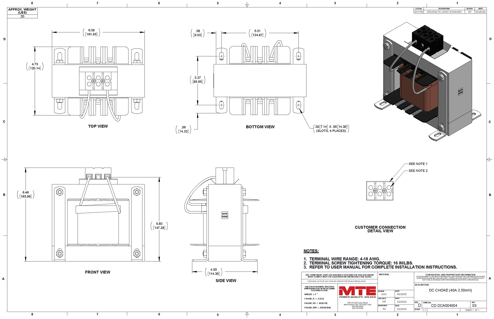 Drawings of MTE DC Link Choke DCA004004