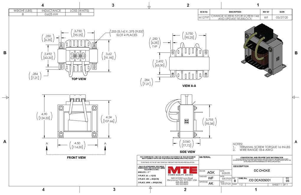 Drawings of MTE DC Link Choke DCA005001