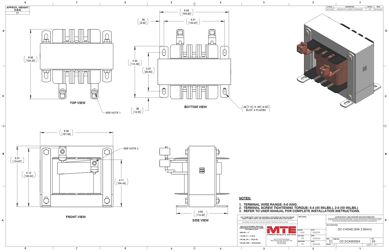 Drawings of MTE DC Link Choke DCA005004