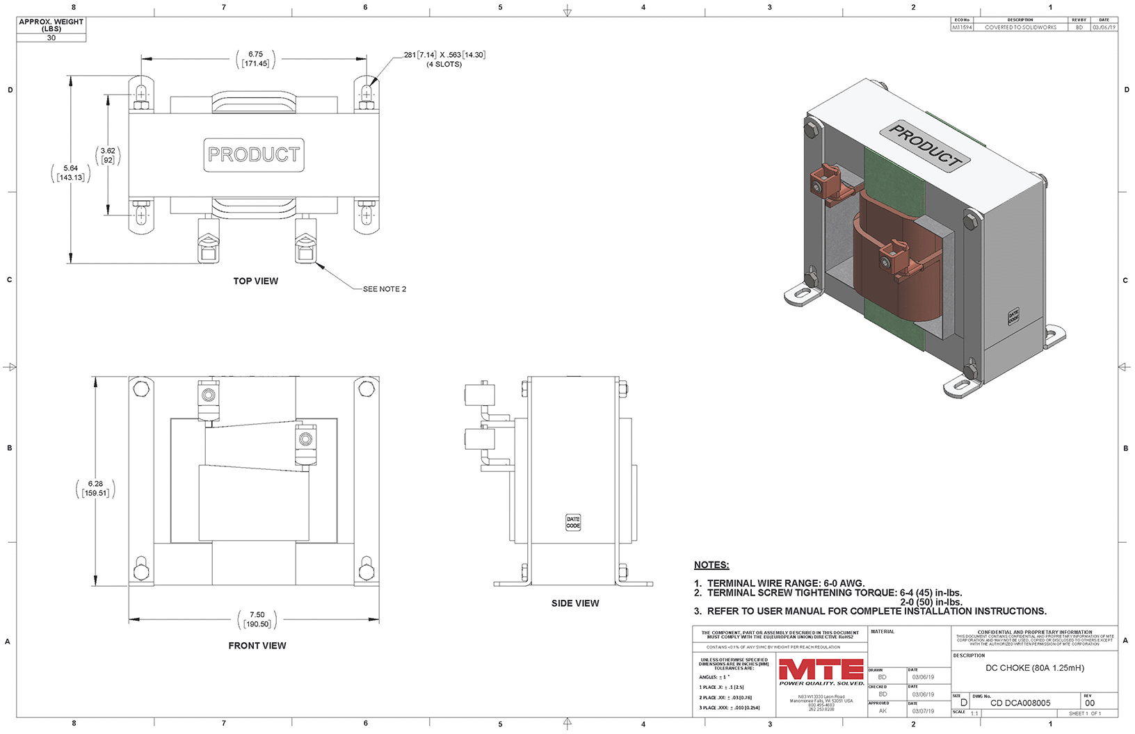 Drawings of MTE DC Link Choke DCA008505