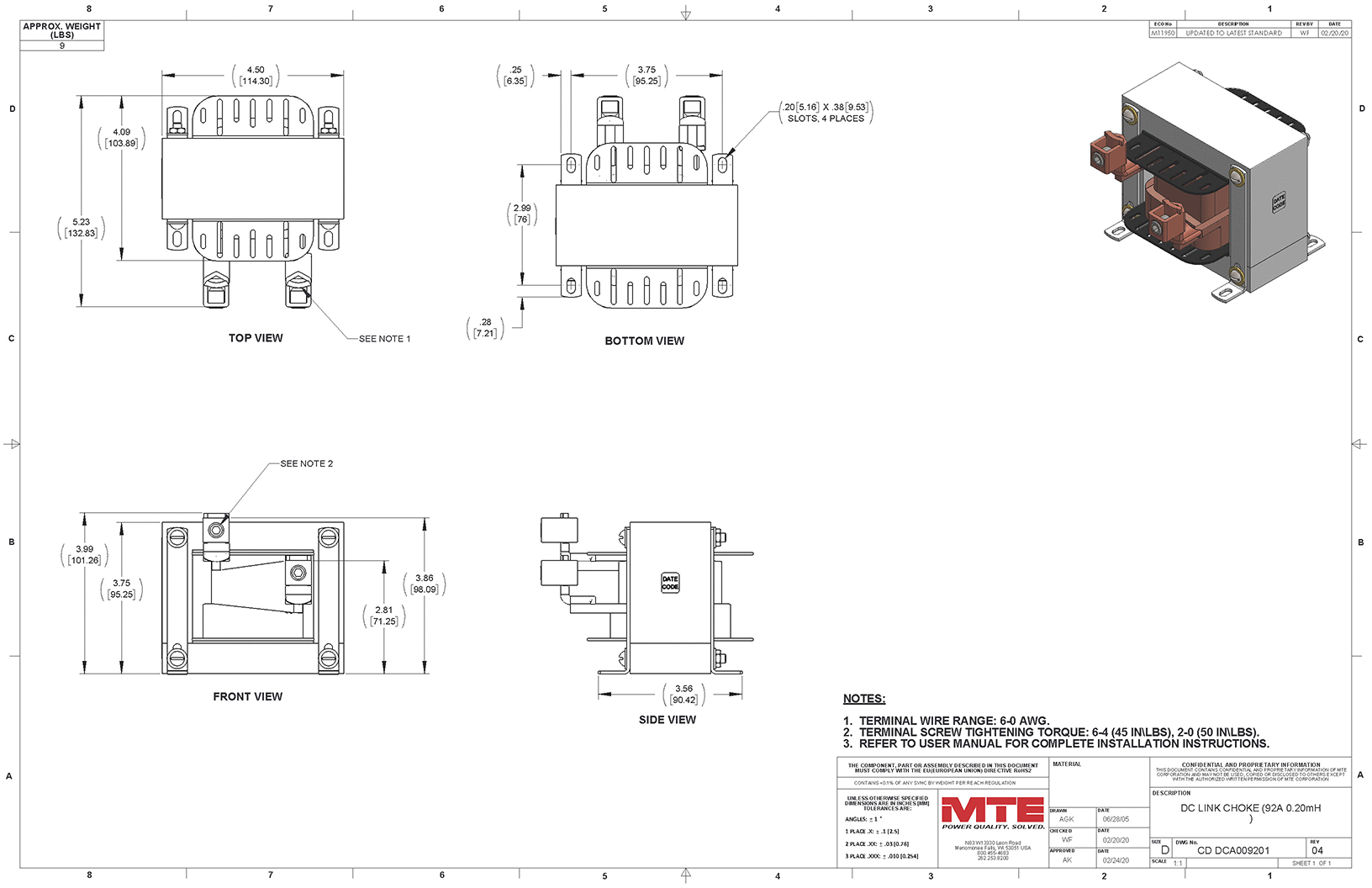 Drawings of MTE DC Link Choke DCA009201