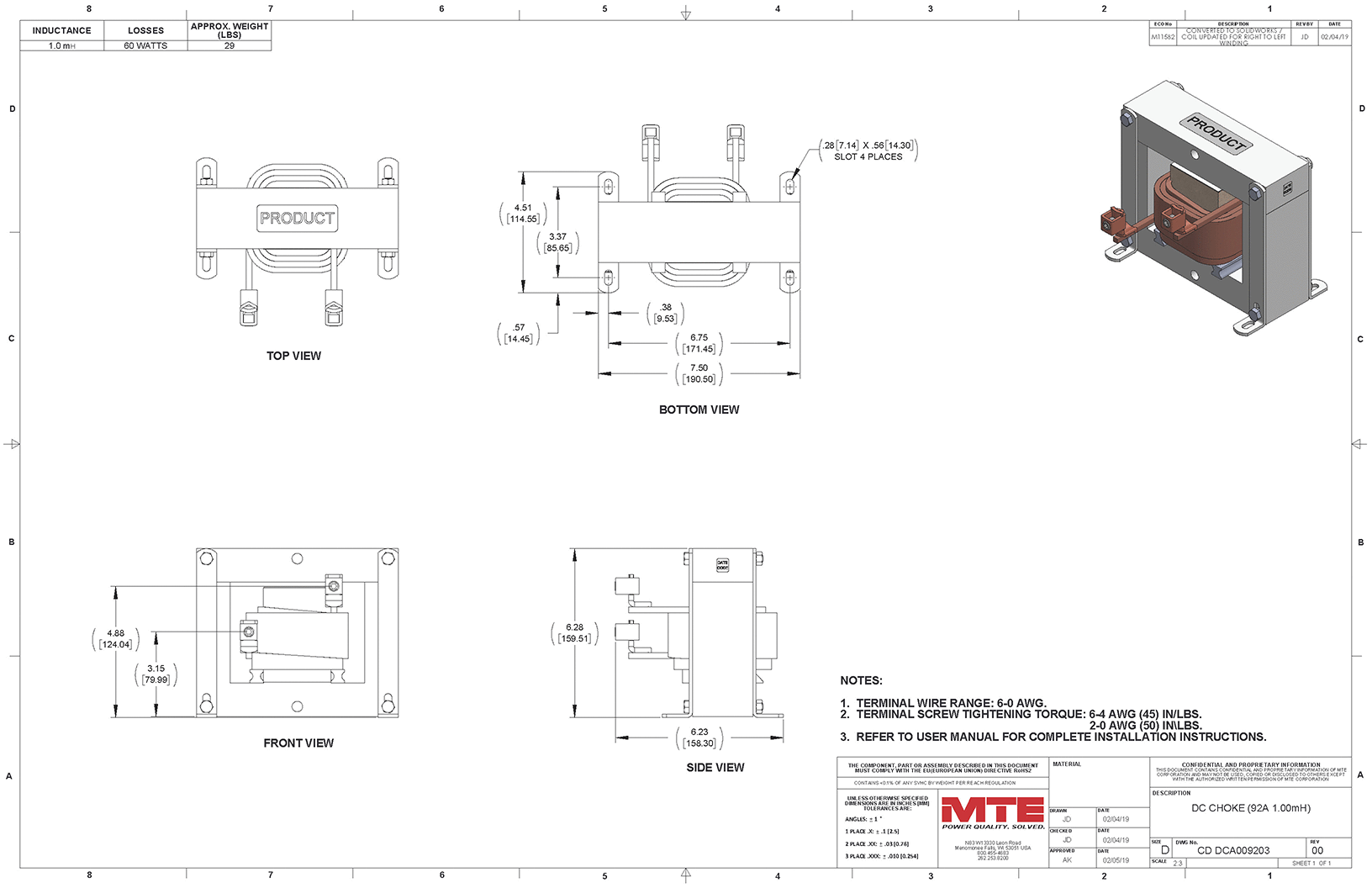Drawings of MTE DC Link Choke DCA009203