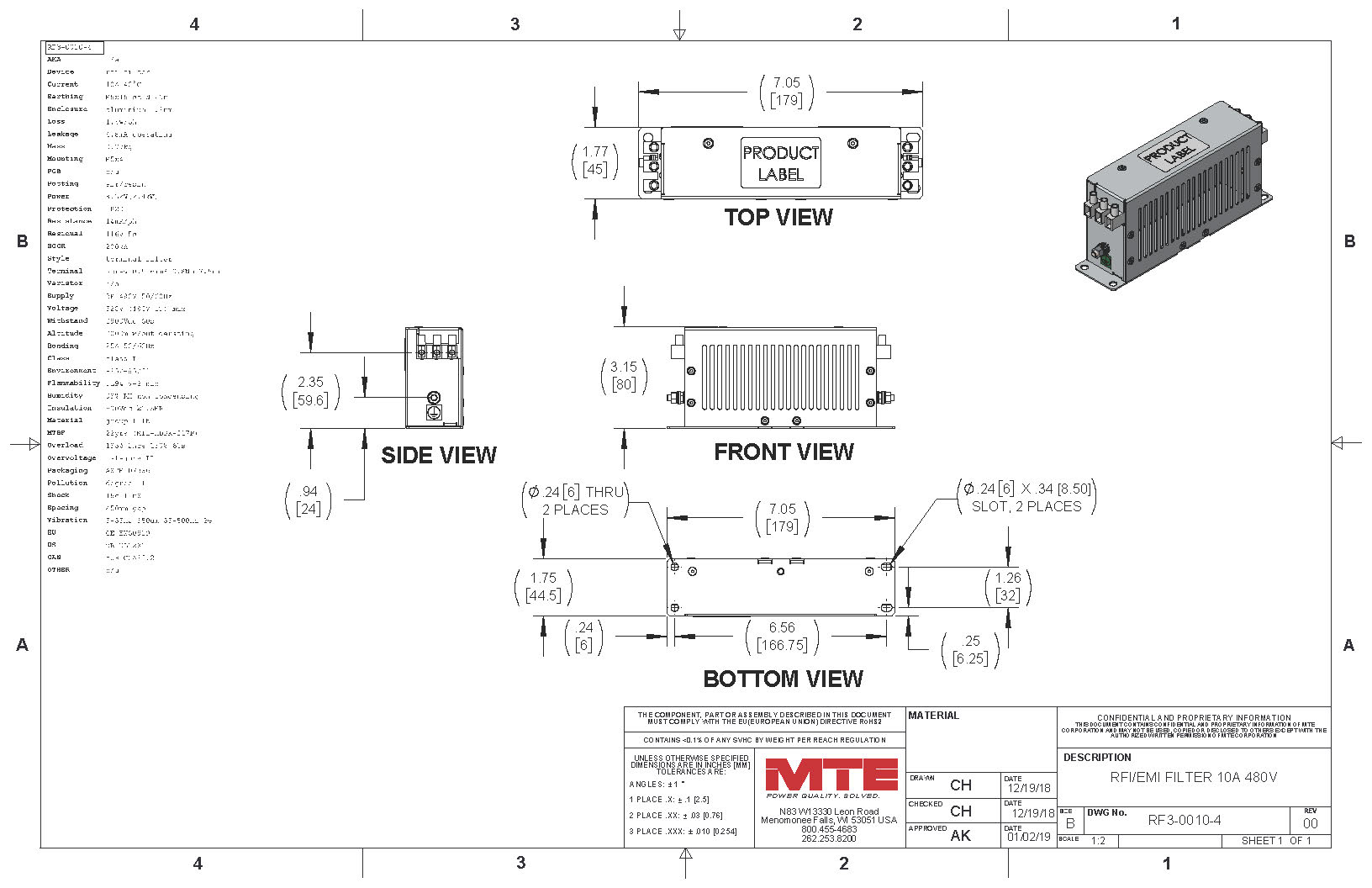 Image of an MTE EMI/RFI Filter RF3-0010-4