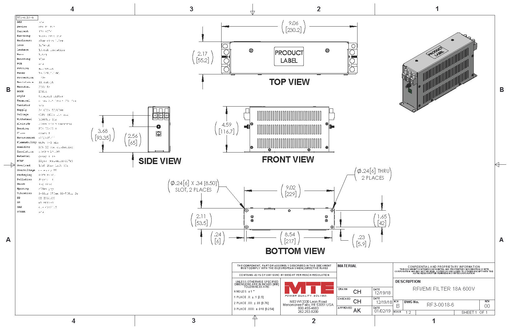 Image of an MTE EMI/RFI Filter RF3-0018-6