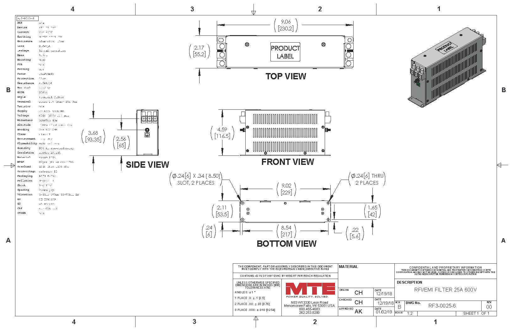 Image of an MTE EMI/RFI Filter RF3-0025-6