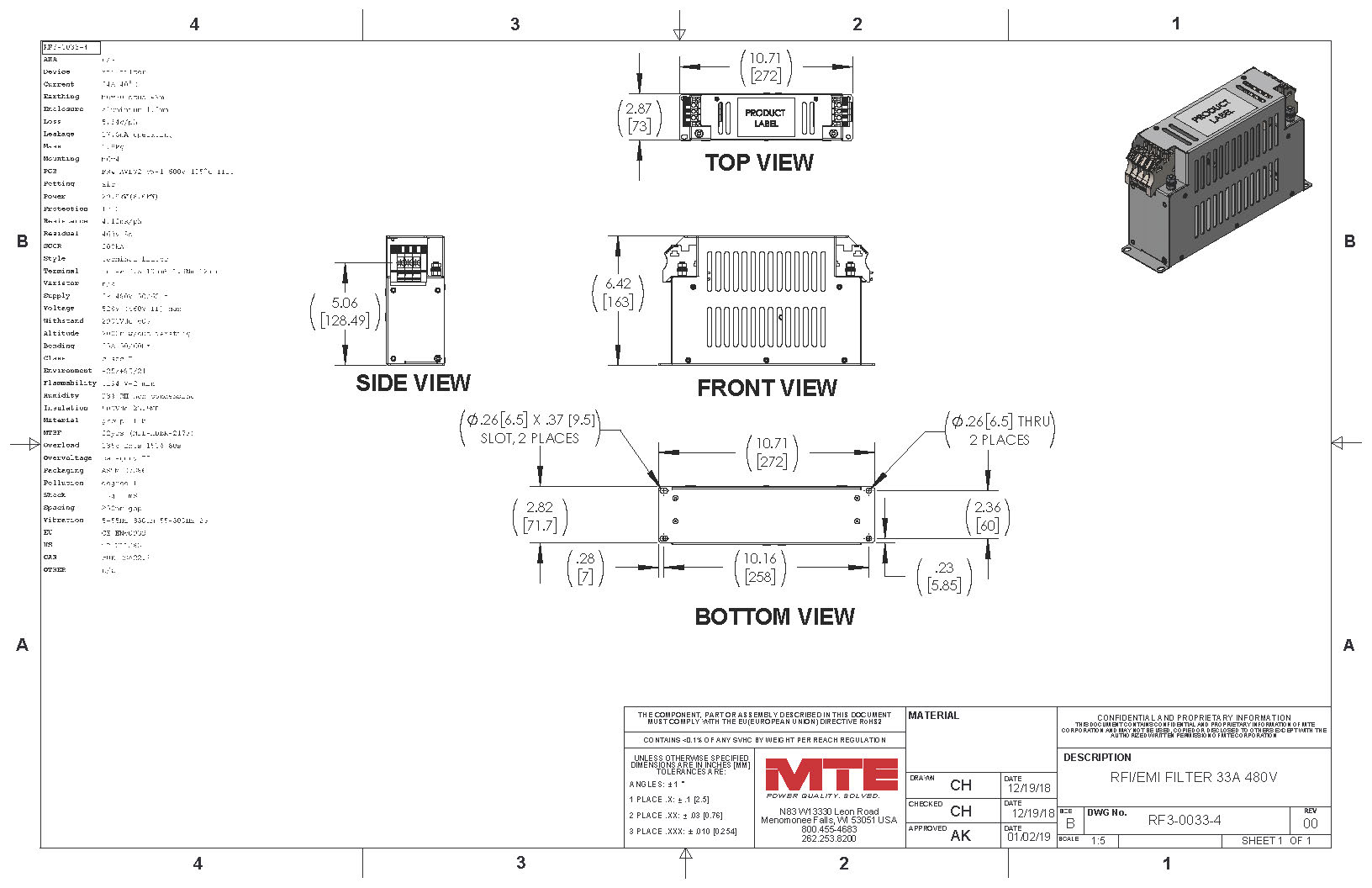 Image of an MTE EMI/RFI Filter RF3-0033-4