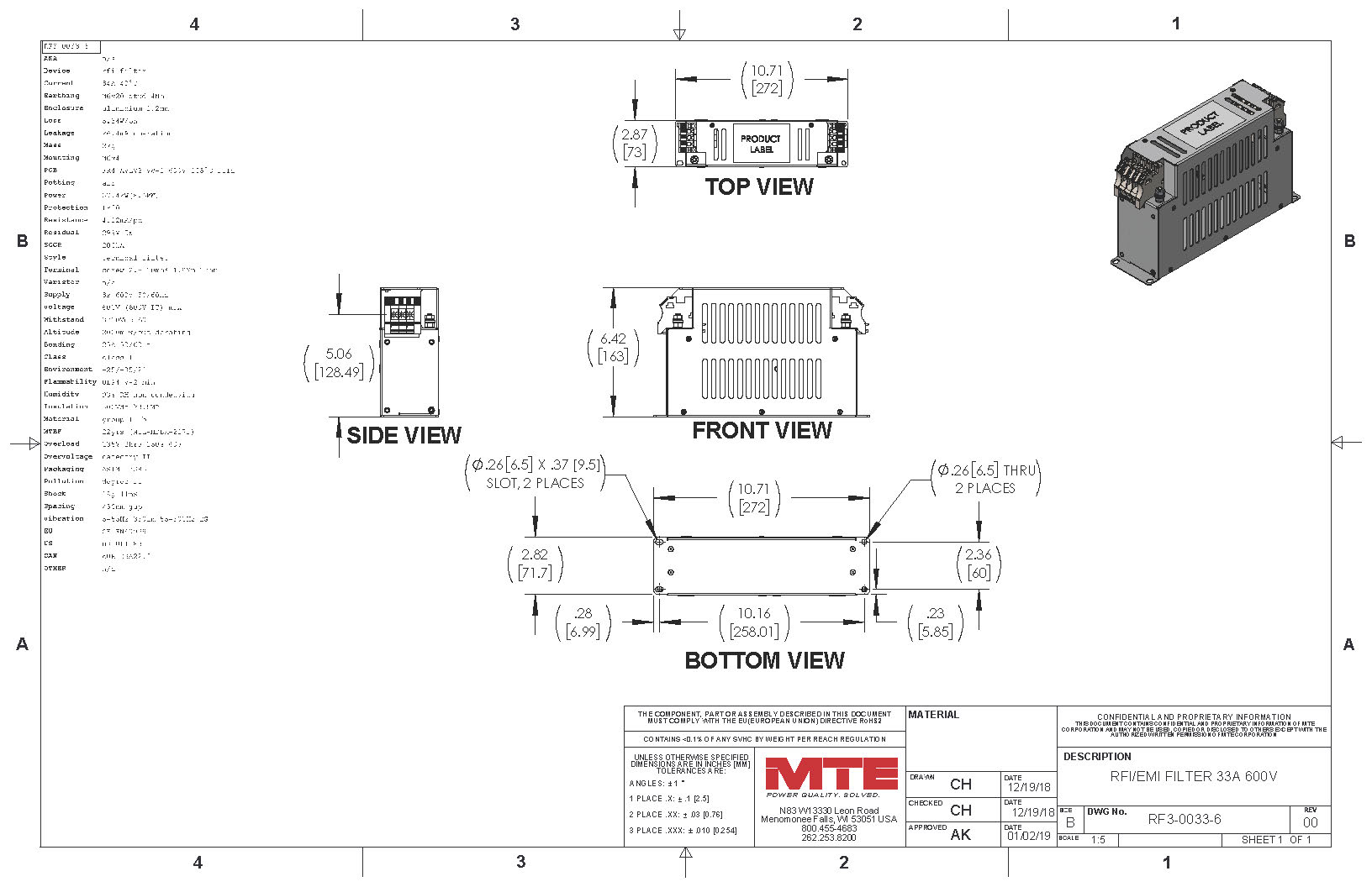 Image of an MTE EMI/RFI Filter RF3-0033-6