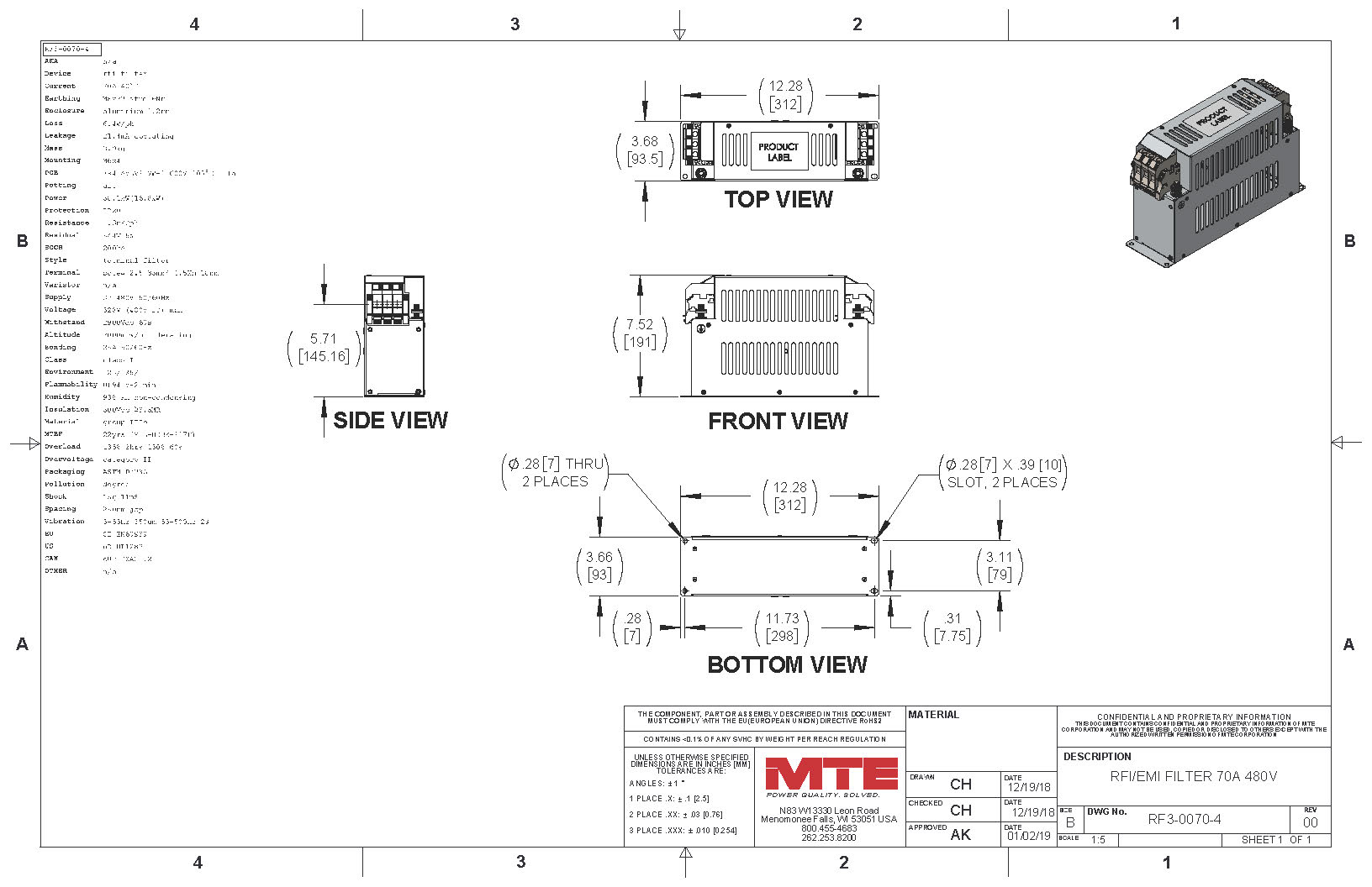 Image of an MTE EMI/RFI Filter RF3-0070-4